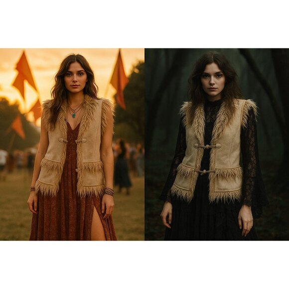 Vintage Boho Faux Fur Vest Women INC L Beige Shaggy 70s Festival Whimsygoth - Picture 1 of 12